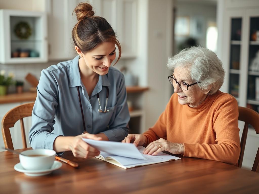 Caregiver and senior reviewing care plan together in Framingham home